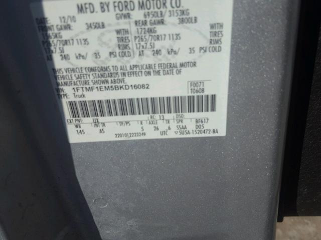 1FTMF1EM5BKD16082 - 2011 FORD F150 SILVER photo 10