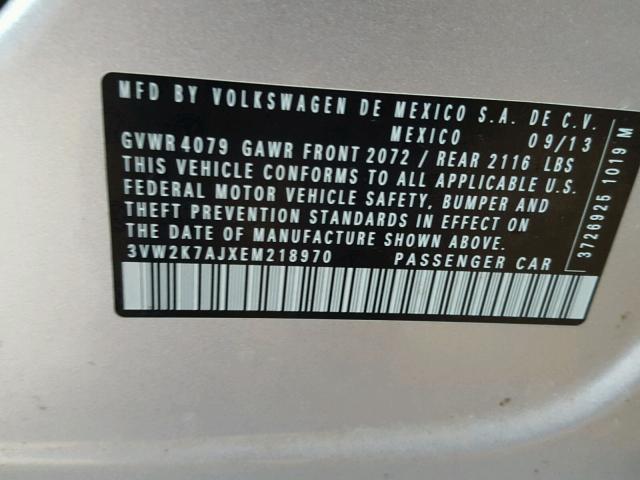 3VW2K7AJXEM218970 - 2014 VOLKSWAGEN JETTA BASE ვერცხლისფერი ფოტო 10