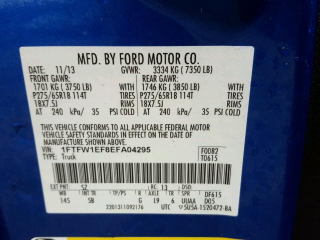 1FTFW1EF8EFA04295 - 2014 FORD F150 SUPER BLUE photo 10