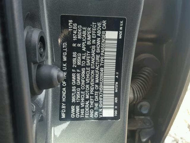 SHHFK7H59HU209049 - 2017 HONDA CIVIC EX ნაცრისფერი ფოტო 10