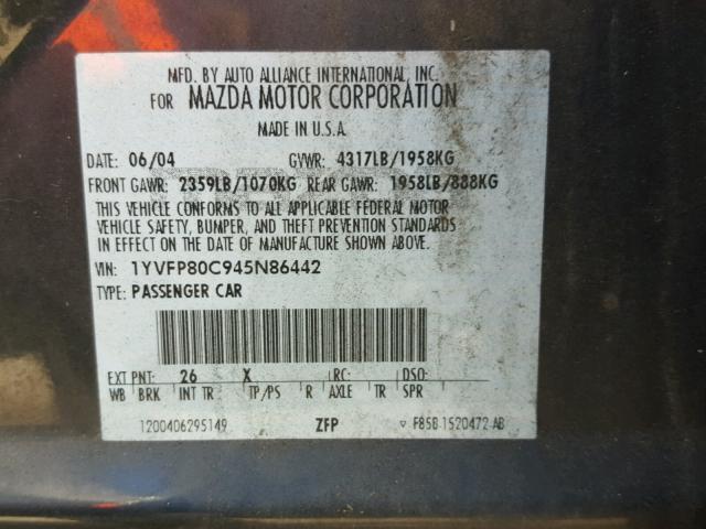 1YVFP80C945N86442 - 2004 MAZDA 6 I CHARCOAL photo 10