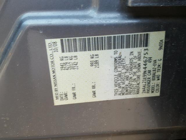 1N4AL21E99N446753 - 2009 NISSAN ALTIMA 2.5 GRAY photo 10