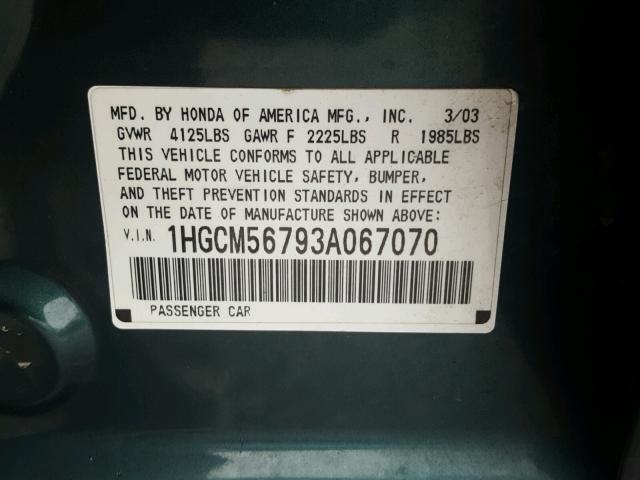 1HGCM56793A067070 - 2003 HONDA ACCORD EX GREEN photo 10