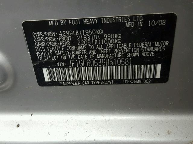 JF1GE60639H510581 - 2009 SUBARU IMPREZA 2. SILVER photo 10