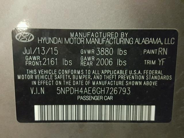 5NPDH4AE6GH726793 - 2016 HYUNDAI ELANTRA SE BEIGE photo 10