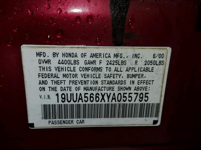 19UUA566XYA055795 - 2000 ACURA 3.2TL RED photo 10