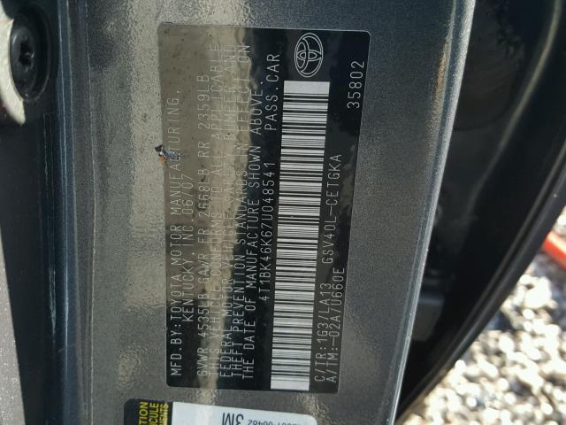 4T1BK46K67U048541 - 2007 TOYOTA CAMRY NEW CHARCOAL photo 10