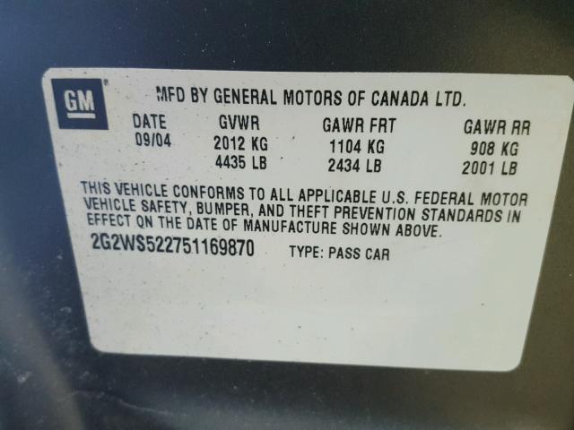 2G2WS522751169870 - 2005 PONTIAC GRAND PRIX ნაცრისფერი ფოტო 10