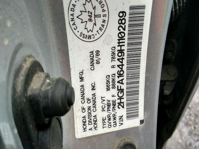 2HGFA16449H110289 - 2009 HONDA CIVIC DX-G SILVER photo 10