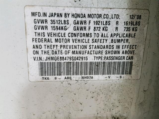 JHMGE88479S042915 - 2009 HONDA FIT SPORT WHITE photo 10