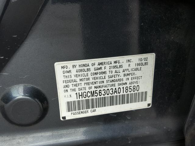 1HGCM56303A018580 - 2003 HONDA ACCORD LX GRAY photo 10