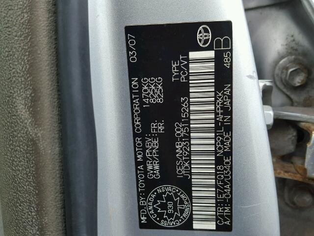 JTDKT923175115263 - 2007 TOYOTA YARIS SILVER photo 10