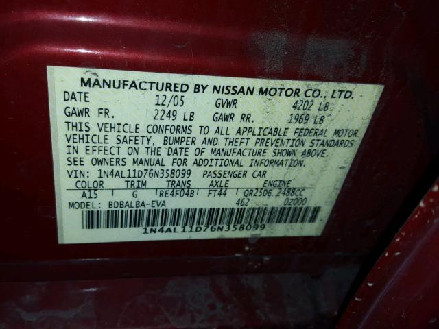 1N4AL11D76N358099 - 2006 NISSAN ALTIMA S MAROON photo 10