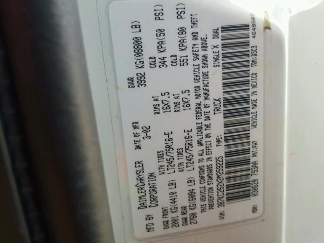 3B7KC26ZX2M259225 - 2002 DODGE RAM 2500 WHITE photo 10