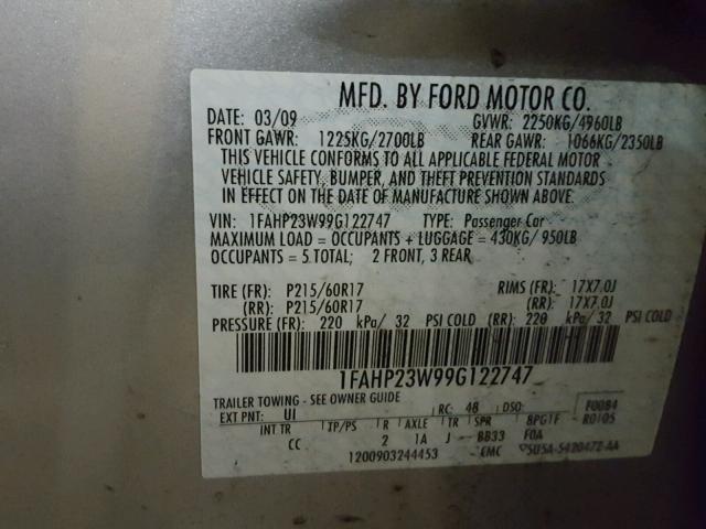 1FAHP23W99G122747 - 2009 FORD TAURUS SE SILVER photo 10