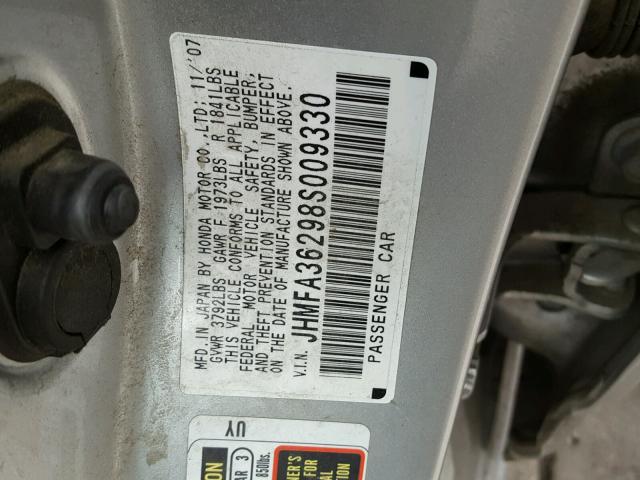 JHMFA36298S009330 - 2008 HONDA CIVIC HYBR SILVER photo 10