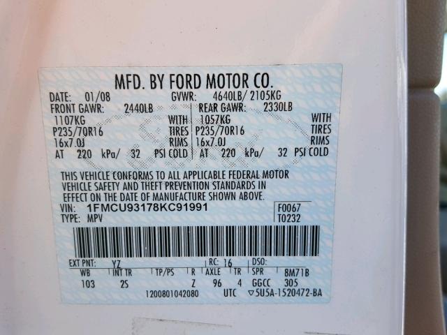 1FMCU93178KC91991 - 2008 FORD ESCAPE XLT WHITE photo 10