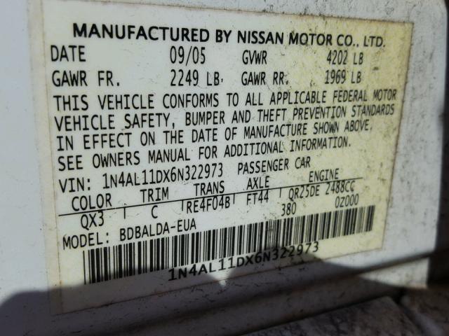 1N4AL11DX6N322973 - 2006 NISSAN ALTIMA S WHITE photo 10