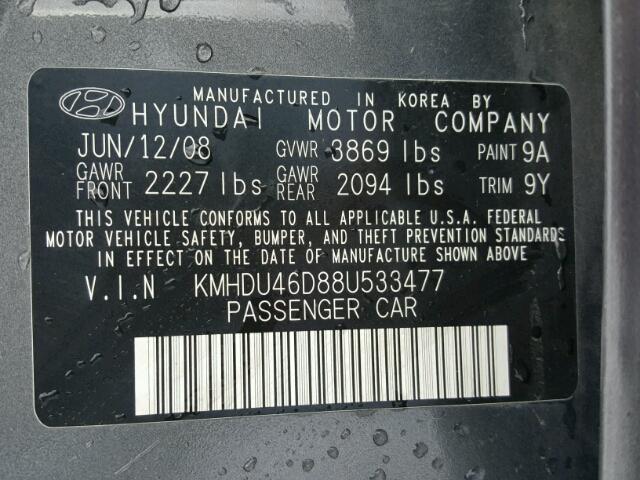 KMHDU46D88U533477 - 2008 HYUNDAI ELANTRA GL GRAY photo 10