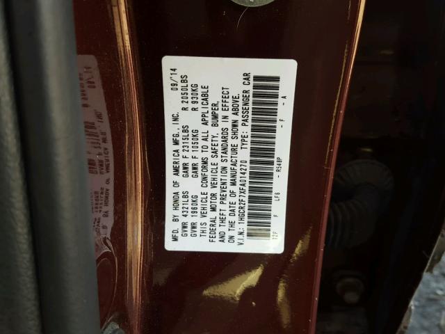 1HGCR2F7XFA014270 - 2015 HONDA ACCORD EX BURGUNDY photo 10