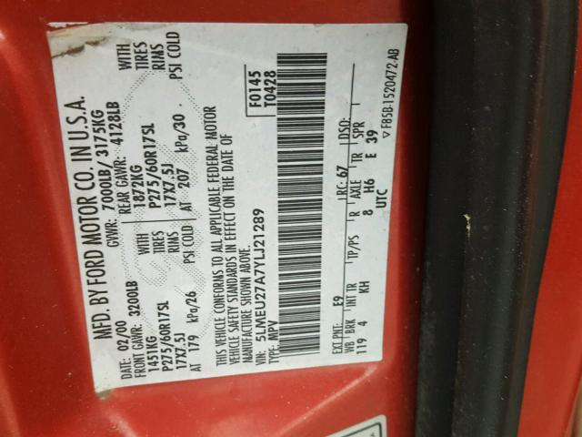 5LMEU27A7YLJ21289 - 2000 LINCOLN NAVIGATOR 红色 照片 10