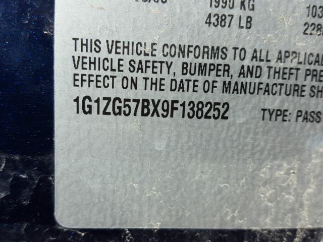 1G1ZG57BX9F138252 - 2009 CHEVROLET MALIBU LS ლურჯი ფოტო 10