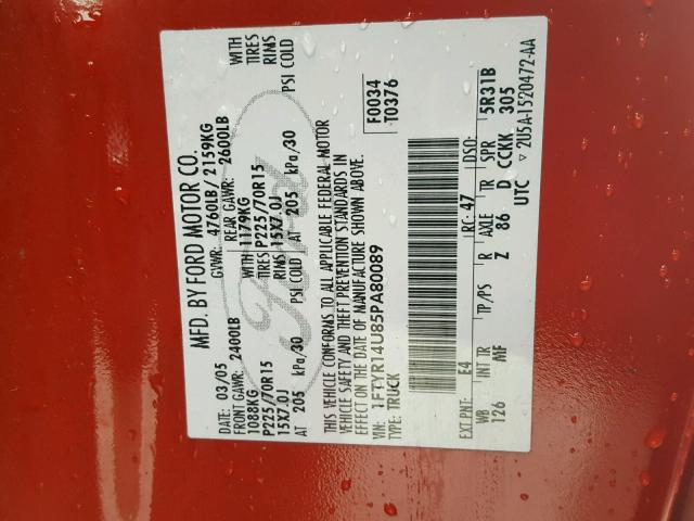 1FTYR14U85PA80089 - 2005 FORD RANGER SUP RED photo 10