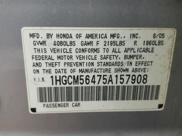 1HGCM56475A157908 - 2005 HONDA ACCORD LX SILVER photo 10