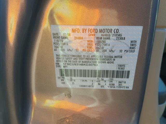 1FMCU93148KD30763 - 2008 FORD ESCAPE XLT GRAY photo 10