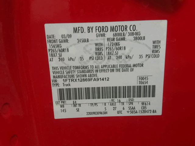 1FTRX12869FA91412 - 2009 FORD F150 SUPER RED photo 10