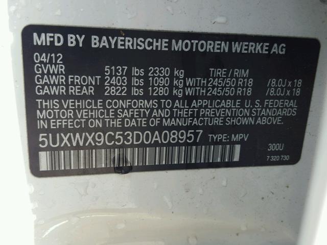 5UXWX9C53D0A08957 - 2013 BMW X3 XDRIVE2 WHITE photo 10