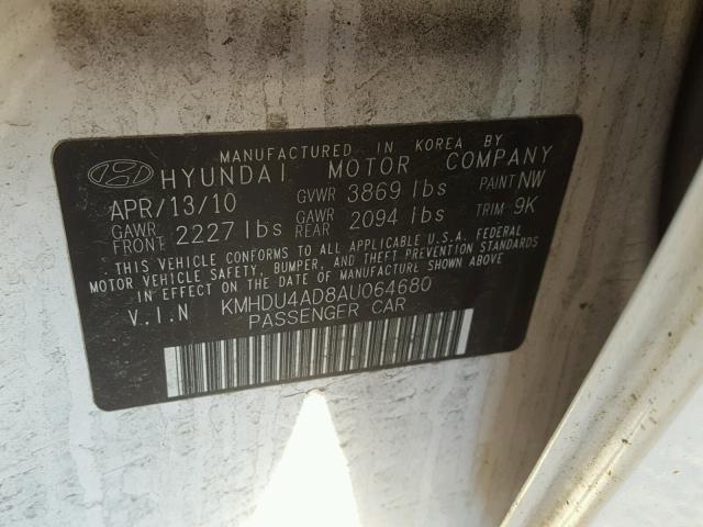 KMHDU4AD8AU064680 - 2010 HYUNDAI ELANTRA BL WHITE photo 10