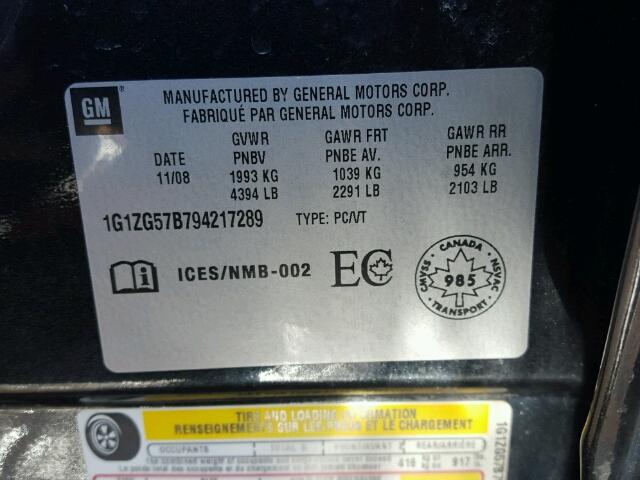 1G1ZG57B794217289 - 2009 CHEVROLET MALIBU LS შავი ფოტო 10