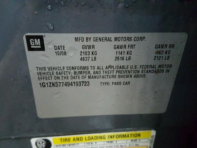 1G1ZK577494193723 - 2009 CHEVROLET MALIBU LTZ Сұр фото 10