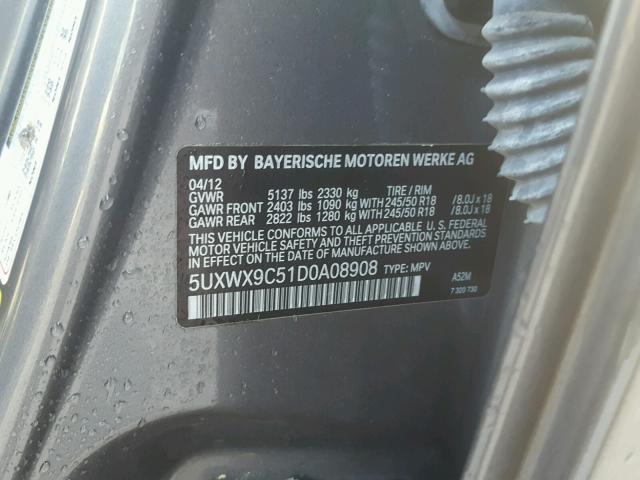 5UXWX9C51D0A08908 - 2013 BMW X3 XDRIVE2 GRAY photo 10