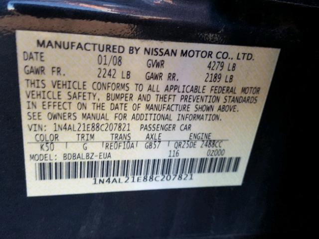 1N4AL21E88C207821 - 2008 NISSAN ALTIMA 2.5 BLUE photo 10