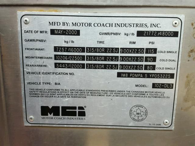 1M8PDMPA5YP053225 - 2000 MOTOR COACH INDUSTRIES TRANSIT BU WHITE photo 10