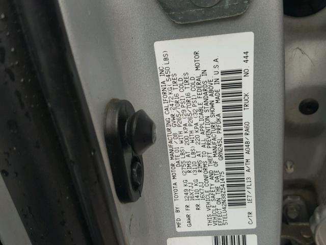 5TELU42N38Z541475 - 2008 TOYOTA TACOMA DOU SILVER photo 10