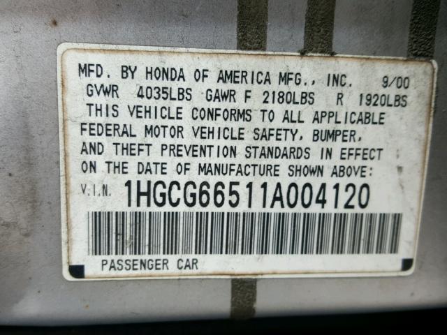 1HGCG66511A004120 - 2001 HONDA ACCORD LX SILVER photo 10