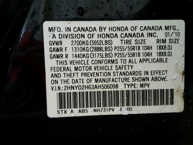 2HNYD2H63AH506098 - 2010 ACURA MDX TECHNO BLACK photo 10