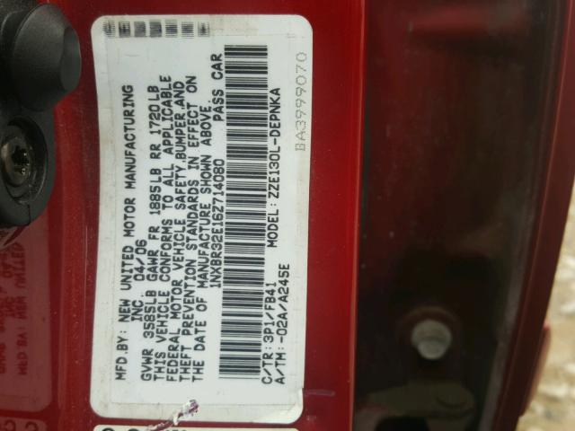 1NXBR32E16Z714080 - 2006 TOYOTA COROLLA CE RED photo 10