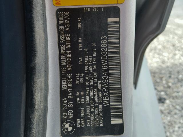 WBXPA93416WD32863 - 2006 BMW X3 3.0I SILVER photo 10