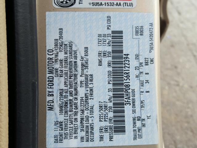 3FAHP08156R122394 - 2006 FORD FUSION SEL GOLD photo 10