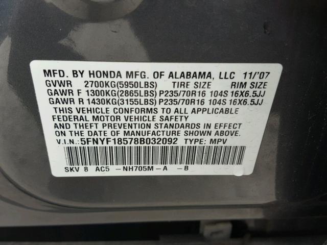 5FNYF18578B032092 - 2008 HONDA PILOT EXL GRAY photo 10