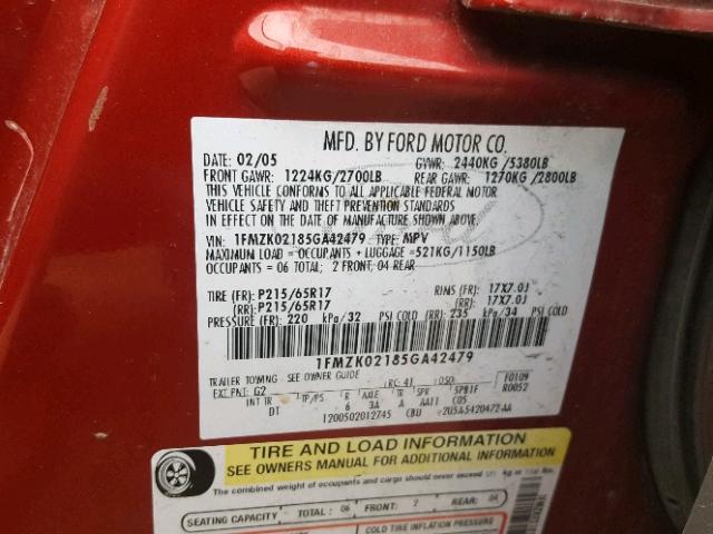 1FMZK02185GA42479 - 2005 FORD FREESTYLE RED photo 10