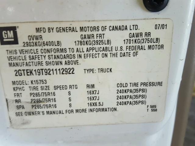 2GTEK19T921112922 - 2002 GMC NEW SIERRA WHITE photo 10