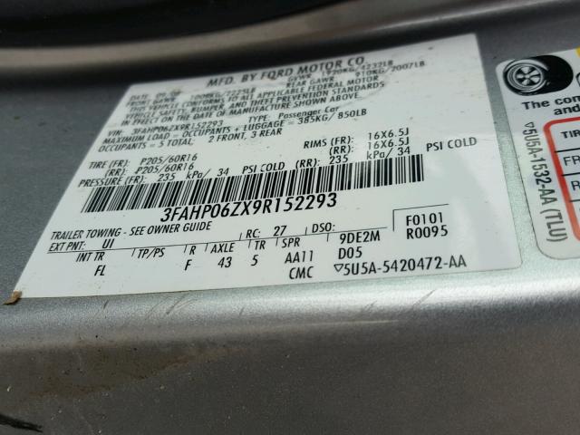 3FAHP06ZX9R152293 - 2009 FORD FUSION S SILVER photo 10