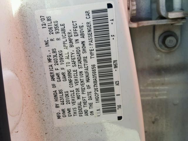 1HGCP267X8A056656 - 2008 HONDA ACCORD EX WHITE photo 10