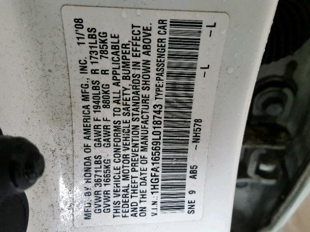 1HGFA16569L018743 - 2009 HONDA CIVIC LX WHITE photo 10