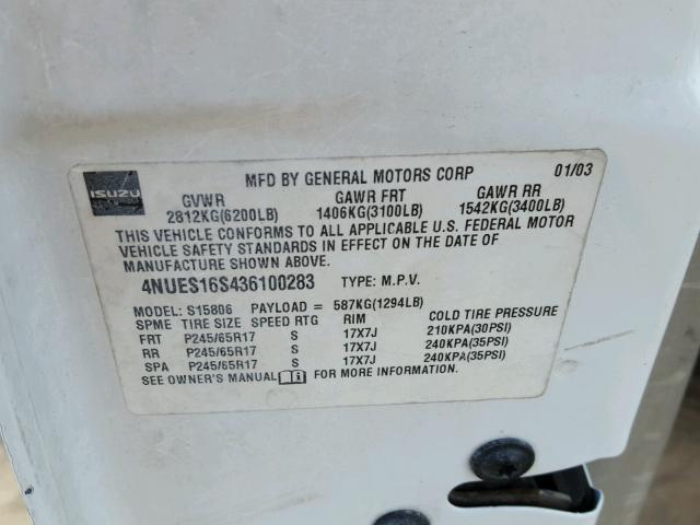 4NUES16S436100283 - 2003 ISUZU ASCENDER S თეთრი ფოტო 10